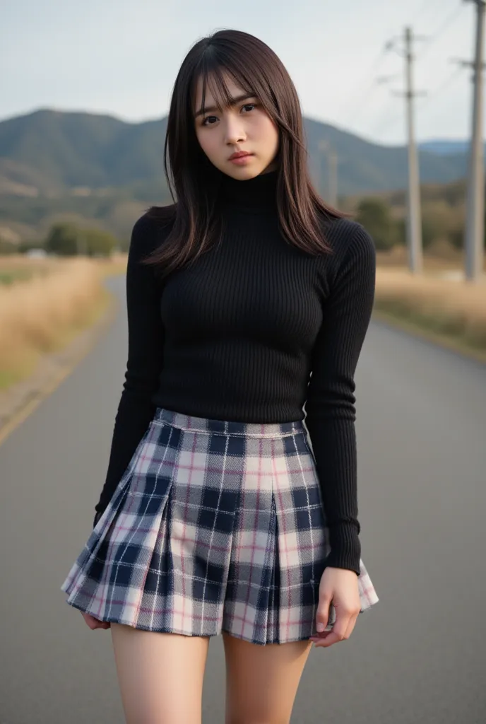 Photorealistic, 8k, afternoon light, 1girl, Japanese, 163cm tall, dark-brown hair, small breast, wearing a fitted black ribbed turtleneck sweater paired with a short pleated plaid skirt in navy blue, white, and pink tones, sleek black knee-high leather boo...