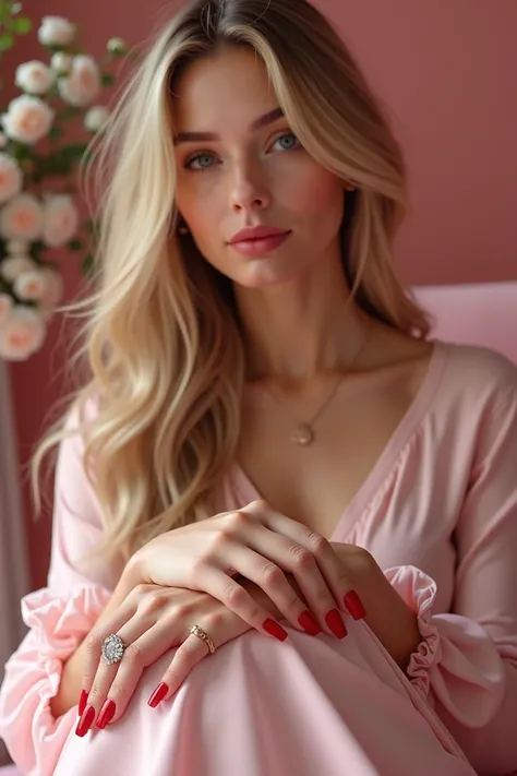 Elegant blonde woman with long hair with her nails shows red color with ring in a manicure environment with pink sofas and flowers 