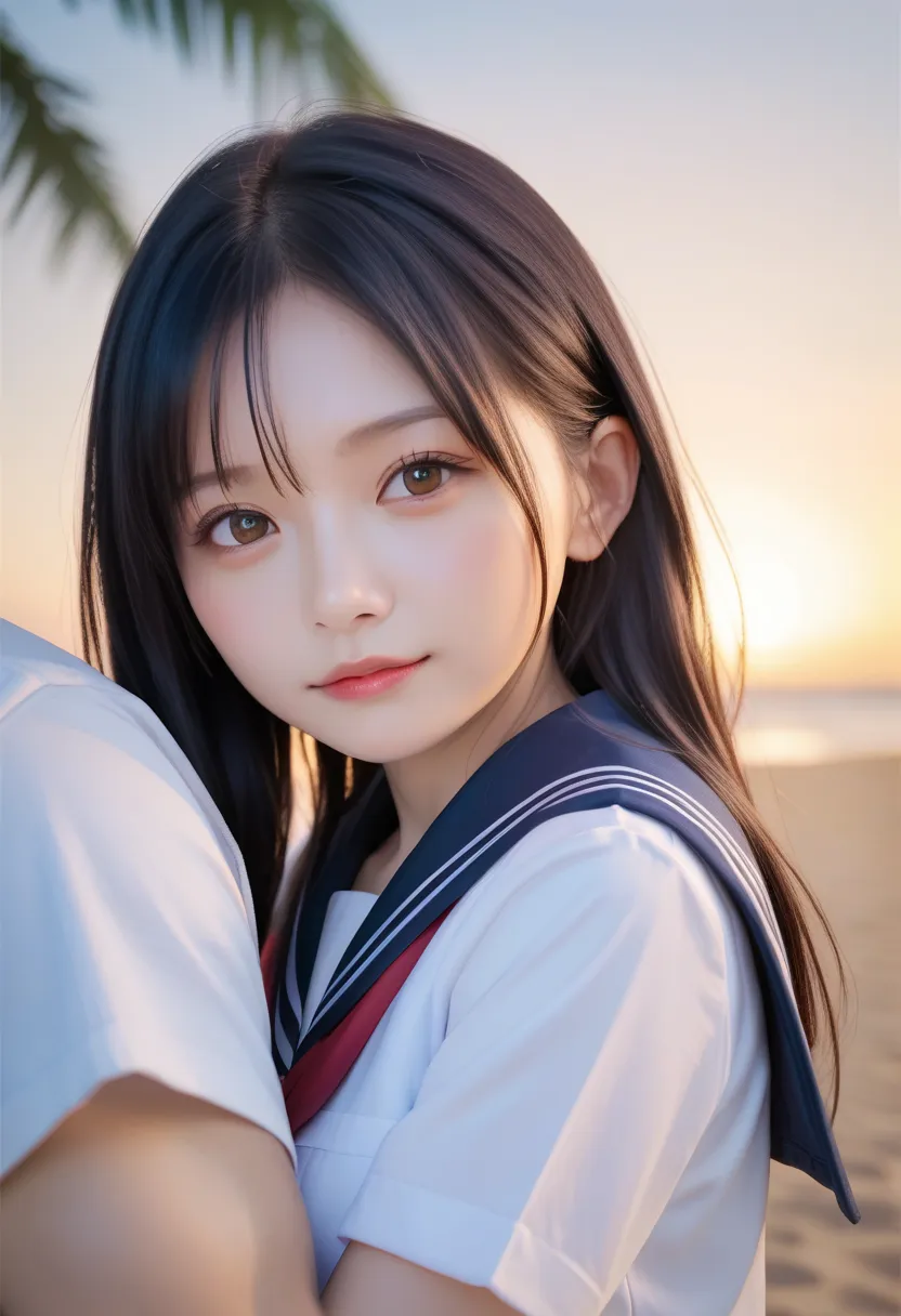 Riding,Riding位,Riding位,two hugging each other while standing ,long hair , straight hair , round face ,bust up , sailor suit , as shown in the picture , Golden sand beach at sunset ,