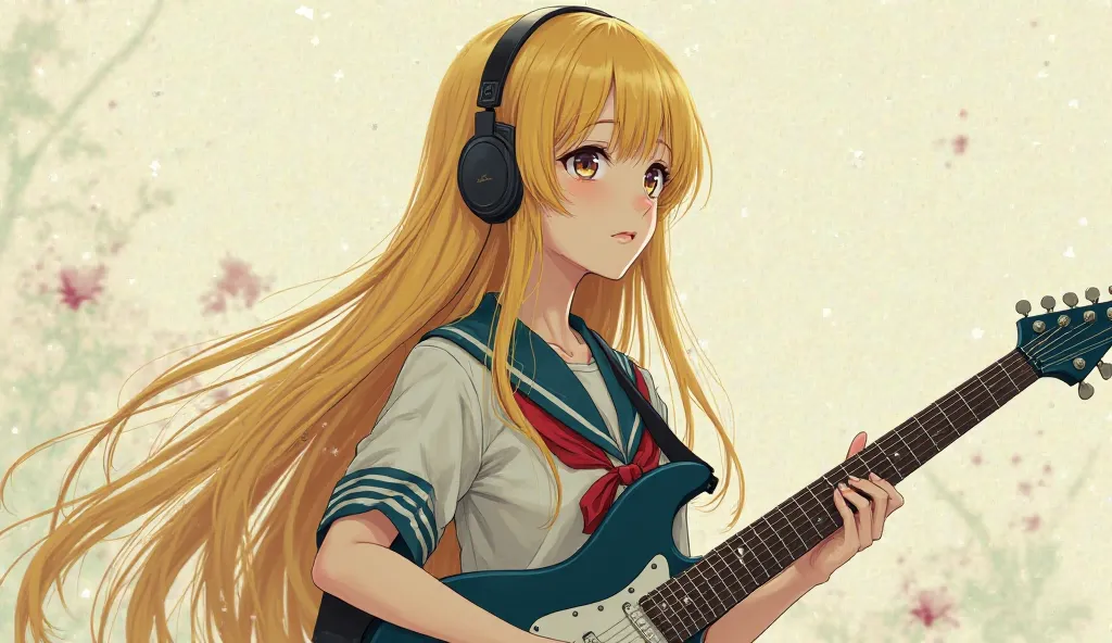 long hair, open your mouth slightly, headphones, have twinkling eyes, yellow hair　uniform　Beautiful Girl　 electric guitar on my computer　, anime, Sad, 