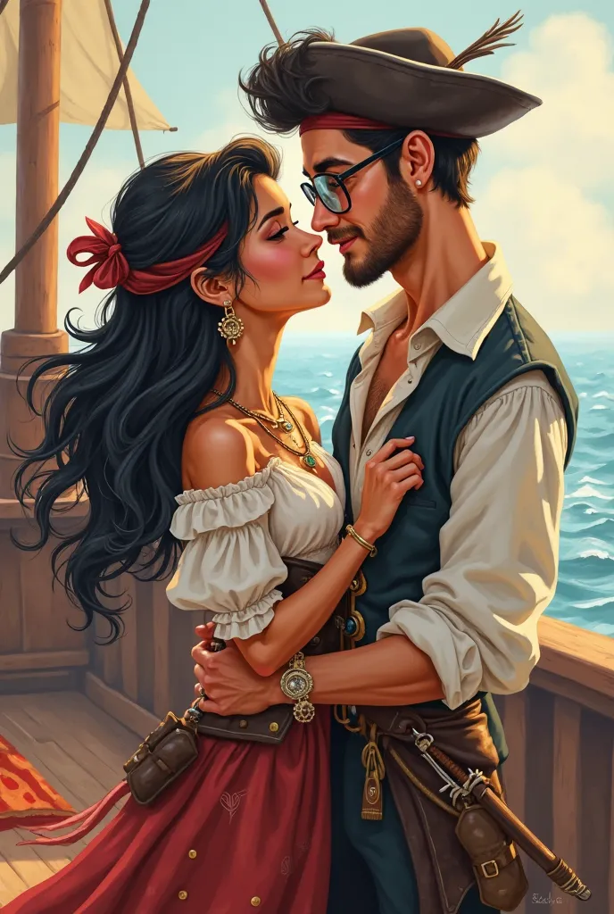 Pirates in love couple cartoon,  light brown woman , long dark hair, white man with glasses
