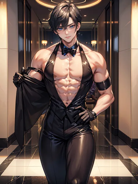  (masterpiece,best quality,ultra_detailed,highres,absurdres), (detailed shadow), (quality light),1 (yaoi_ikemen_male:2.0) (with bulge:1.2), 30-ish, (muscleale focus), (solo:1.6), short black Quiff hair with Soft Fringe (bangs part on side 3:7 ratio), blue ...