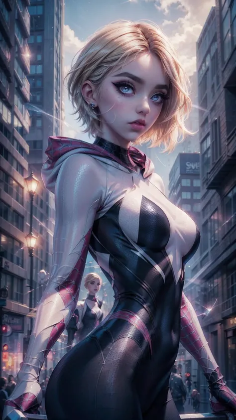 from below, VERY CLOSE, portrait close to the face, raw,  Young Girl, pale skin, 1.70 meters in height, gwen stacy, with blond hair with pink highlights, by the bob style, big eyes cristalinos,  shiny blue eyes , shiny eyeliner, she is dressed as a spider ...