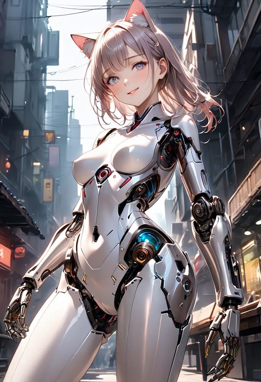 Cyberpunk Style, (Cowboy Shot), (((( mechanical creatures)), (((android female, Robot Body,mechanical arm, Mechanical foot))), (( Shining Costumes)),)), ((Cat ears)), Shiny Costumes, (skindentation), break, skinny, alone, solo, Masterpiece, highest quality...