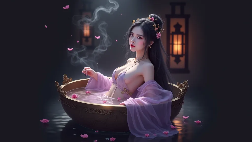 A mesmerizing and sensual portrayal of Diao Chan, one of the Four Beauties of ancient China, gracefully immersed in a luxurious, ornate bronze bowl filled with warm water and delicate pink petals. She wears a sheer, translucent silk hanfu in soft pink and ...