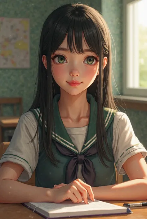 Pretty girl with a cheerful face in her uniform long black hair straight dark green eyes like the night beautiful pink lips a little pale sitting in her classroom 1A