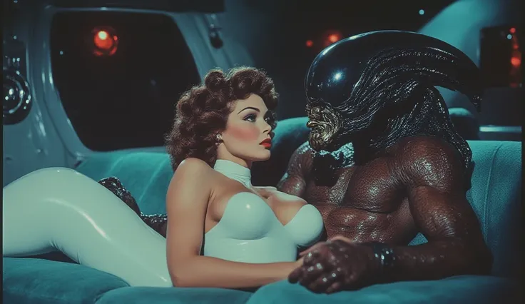 Close-up shoot: Close-up of the shooting: Xenomorph from the movie Alien, Xenomorph has a bodybuilder's torso. Broad shoulders, He has sex lying on the couch with a stunning woman in a tight retro-futuristic white spacesuit that emphasizes her exaggerated ...