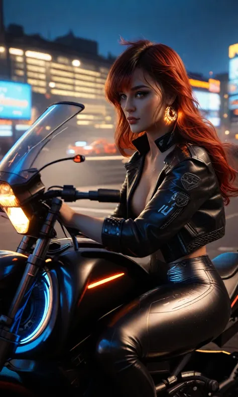 (First-person close-up shot of Mavuika sitting on her futuristic motorcycle, gripping the handlebars), her intense gaze locked onto the camera, piercing eyes reflecting neon city lights. Her long, silky hair flows in the wind, partially covering her face. ...