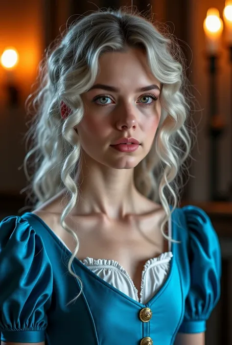 medieval young woman in a azure silk dress with white linings, curly waves of silver hair, WHITE eyes, looks mysterious, looks majestic, 20 years old, lady, in a manor lit by torch lights, neat hair, detailed clothing, realistic, natural lighting