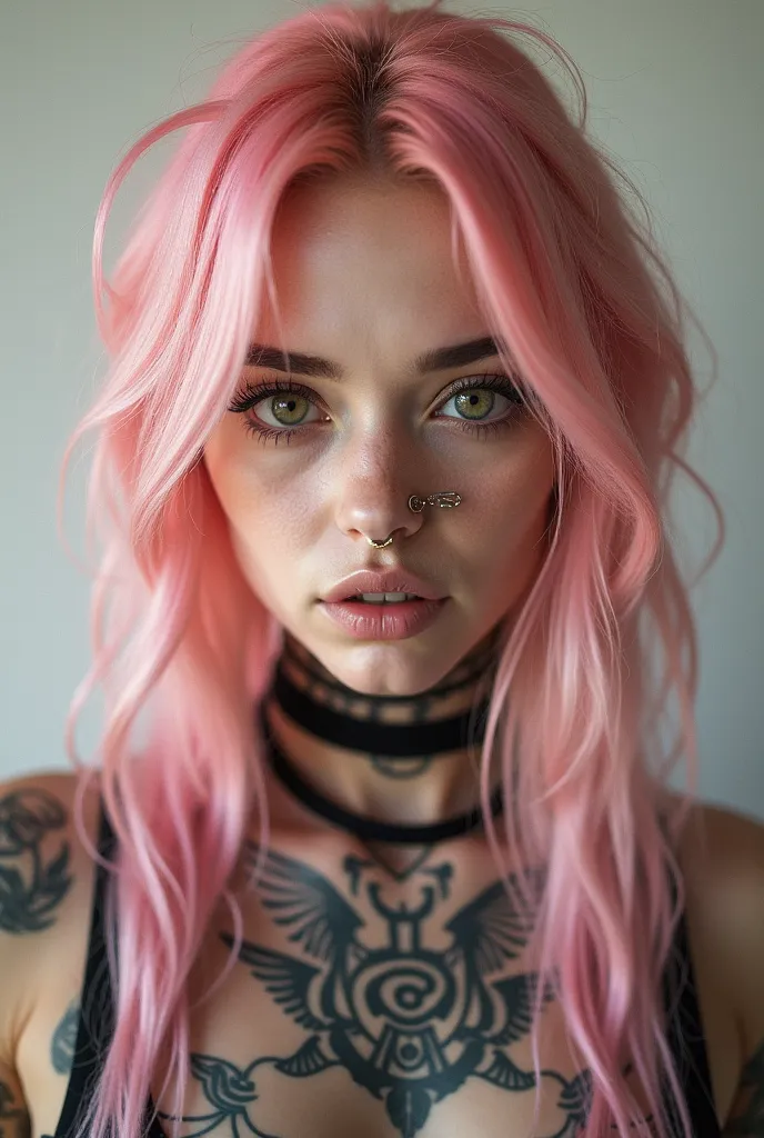 Woman with long baby pink hair, nose rings in both sides of her nose, lip ring, green eyes, tattoos