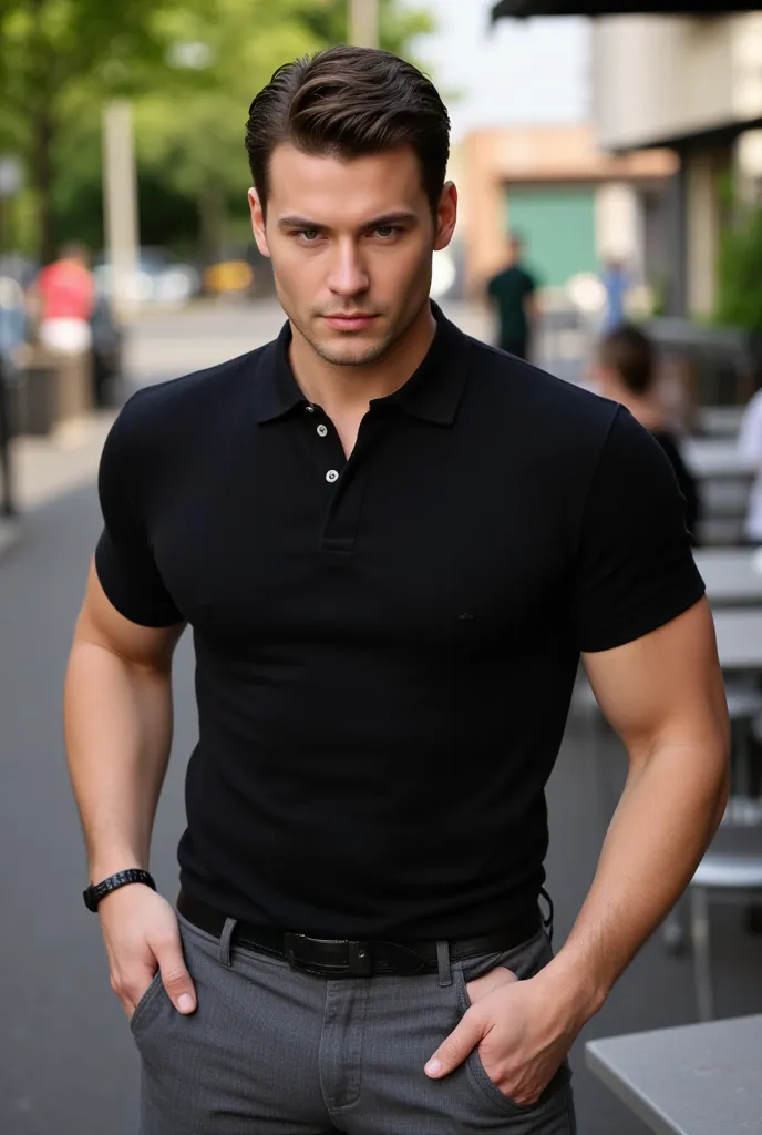 Attractive tall and athletic man dark brown hair black polo sweater t-shirt gray tight dress pants dark gray eyes at an outdoor coffee shop in Westfield NJ 