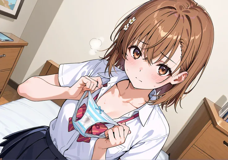 Beautiful Girl、Misaka Mikoto、pleated skirt、blush、 girly room、chest of drawers、chest of drawersの引き出しが開いている、chest of drawersの中には下着、panties in hand、holding panties with both hands、steam from panties、chest of drawersが開いてる、show off their panties、Crotch、panties ...