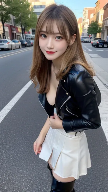 front view:1.5, large breast:1.4, full body photo,((focus on crotch)), she is in a street, standing on a street, one girl, High resolution ,blonde hair, Light Hair Color, sexy, Beautiful eyelashes ,High resolution ,Zoom out ,20-year-old ,Highest quality ,V...