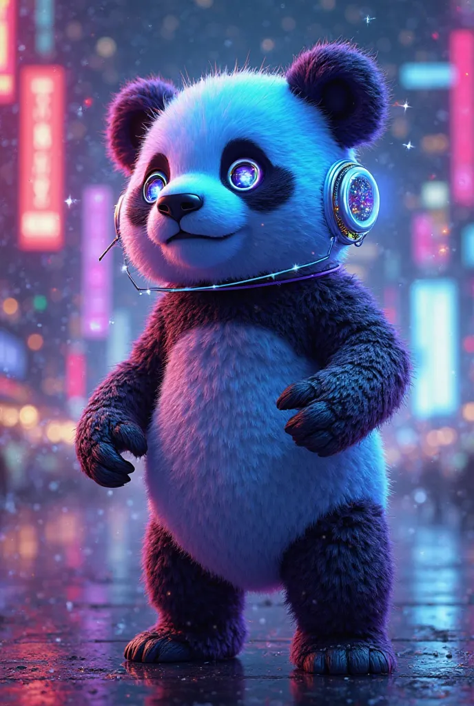 A futuristic AI panda in a high-tech cyber world. The panda has sleek, glowing neon blue and purple fur with a metallic sheen, symbolizing its AI nature. Its eyes are bright and holographic, displaying digital patterns. The panda wears a cybernetic headset...