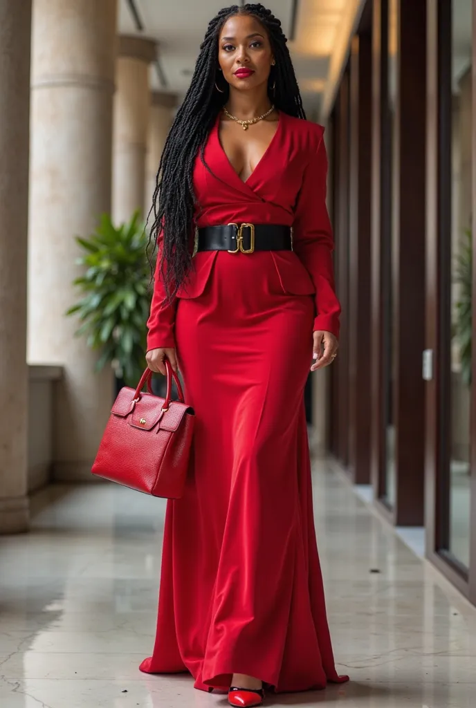 create an image of curvy waist Beyonce Knowles on ash plaited official, flay gown with a black belly belt and red stiletto. Her hair is on black braids, and she is carrying a red Gucci bag and on red lipstick in a full body view in an office setting