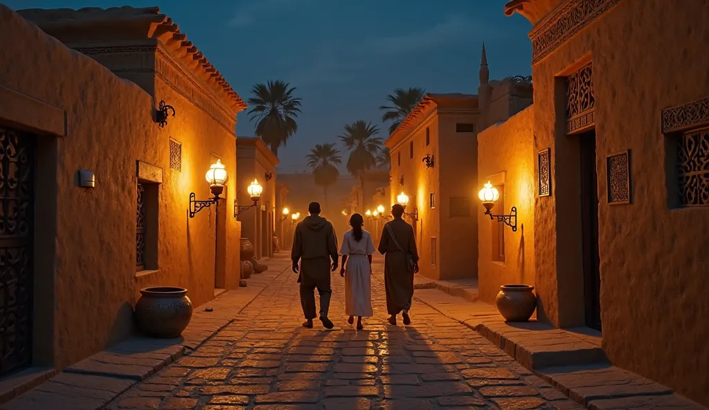 
"Night scene of an ancient Egyptian village, with adobe houses lit by torches. The family in the song passes discreetly through the narrow streets.", 4K , Cinematic.