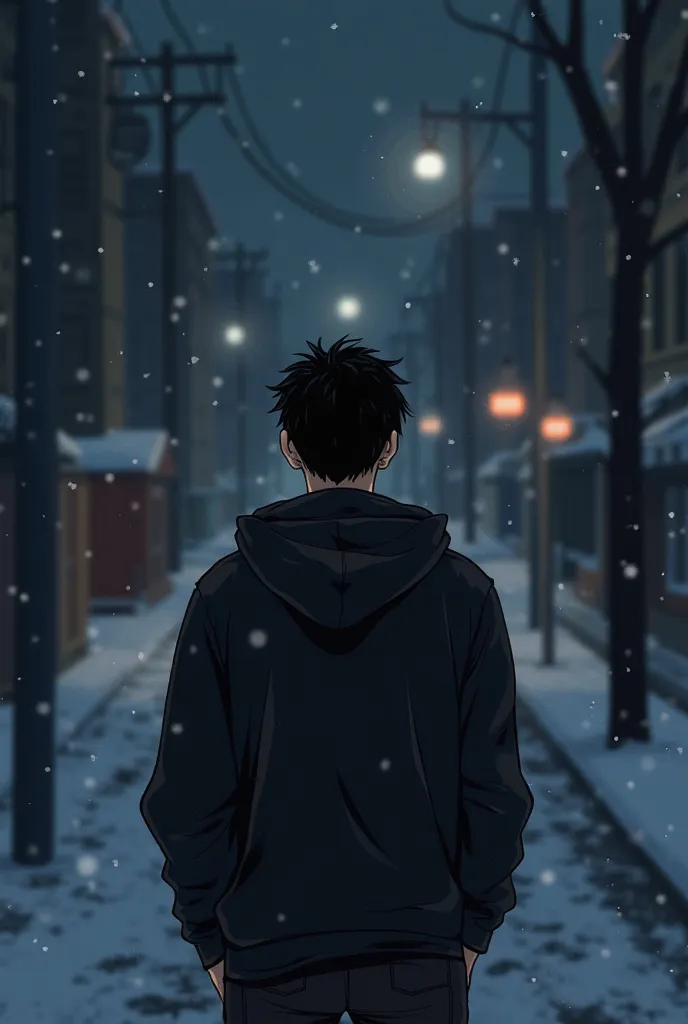 (Manga art) Scene Description: Setting: Night time, cold and gloomy. The streets are empty. Camera Angle: Shot from a slightly diagonal angle from the top right. This emphasizes the character's loneliness and the emptiness of the environment. The character...