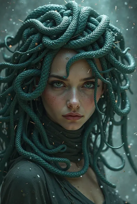 Draw medusa from waist to top of head with a cool background