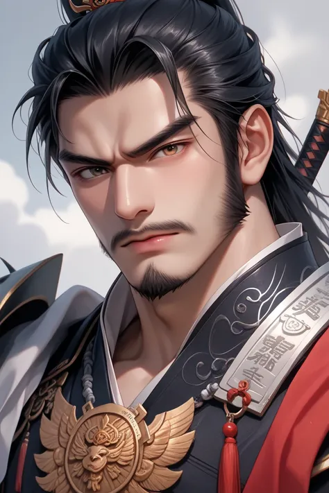  male in his 30s　 black hair　Beard　Sangokushi style