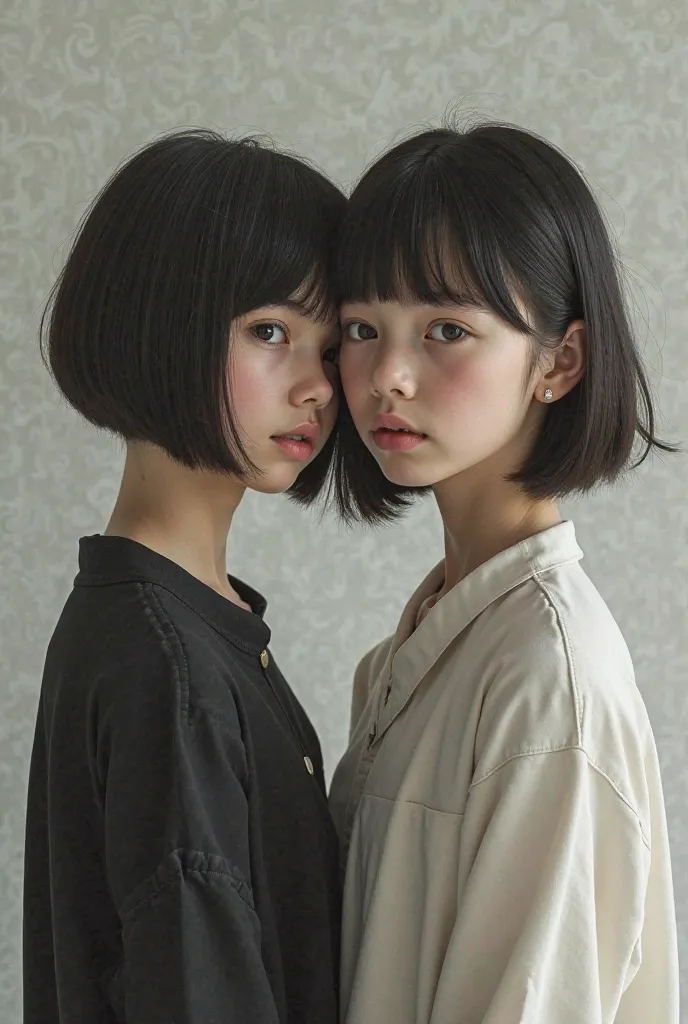 Two girls, one with short hair above the shoulder and the other with long hair a little lower than the shoulder, That you can't see their faces and you want 