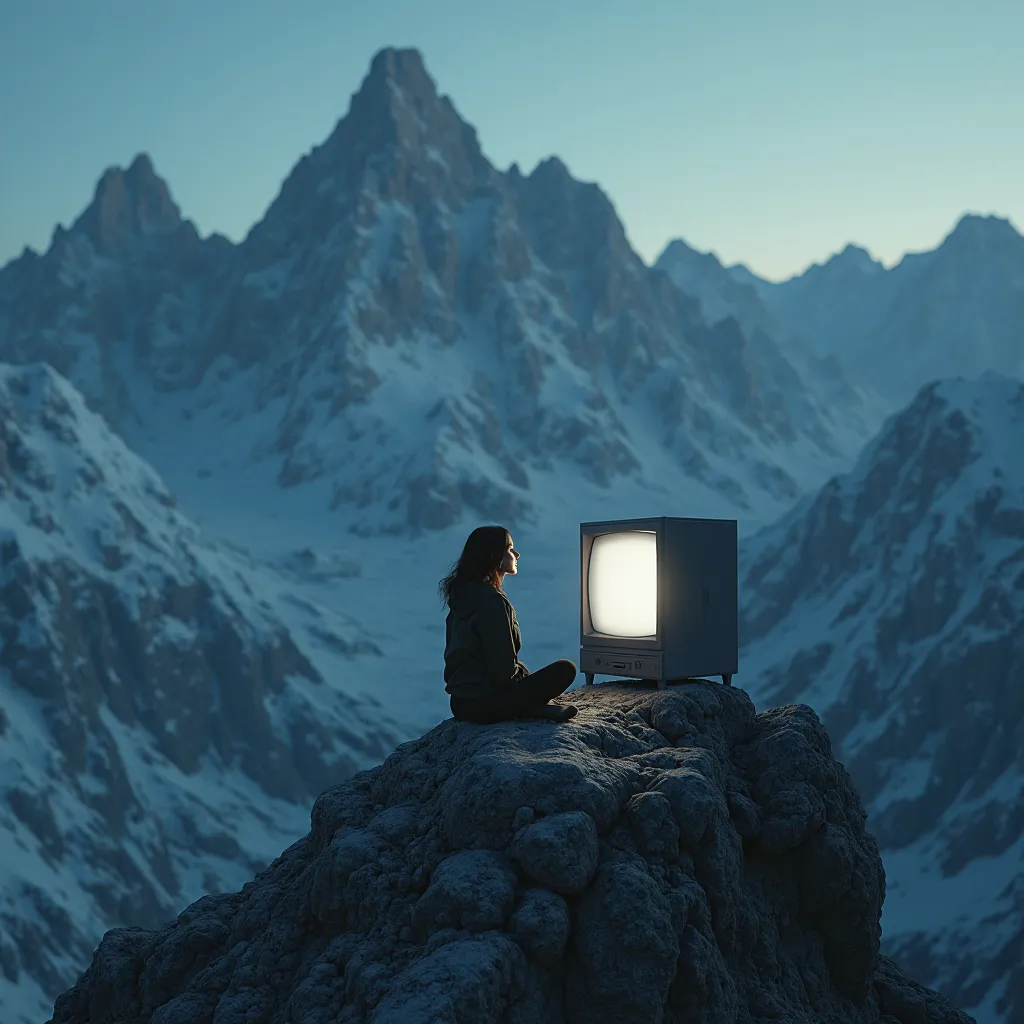 a woman watching television on the top of a mountain