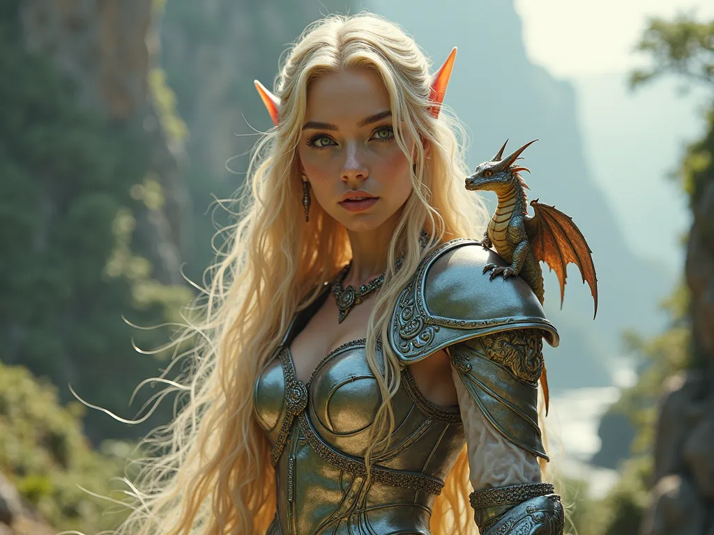 Blonde elf with makeup in armor with a little dragon 