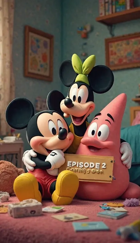 Imagem de Mickey mouse, Bob esponja, Goofy Mouse and Patrick! The characters cuddle together, with the room half organized and half messy, smiling at the camera while holding a sign that says "EPISODE 2 COMING SOON".*  