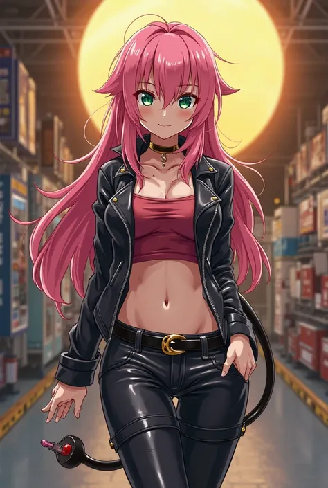  To Love Ru character, Lala Satalin Deviluke, anime character, single character, leather pants, belt, with a pair of tight high boots, androgynous, boots, posing for a picture, black shiny leather, bellybutton, crotch, Anime character, pink hair, green eye...