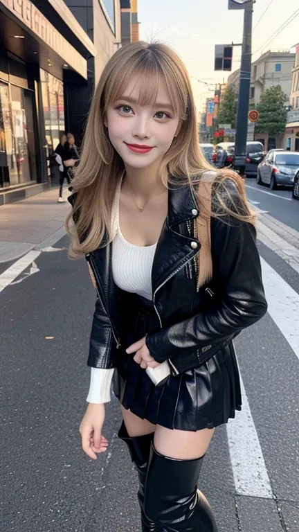 front view:1.5, large breast:1.4, full body photo,((focus on crotch)), she is in a street, standing on a street, one girl, High resolution ,blonde hair, Light Hair Color, sexy, Beautiful eyelashes ,High resolution ,Zoom out ,20-year-old ,Highest quality ,V...