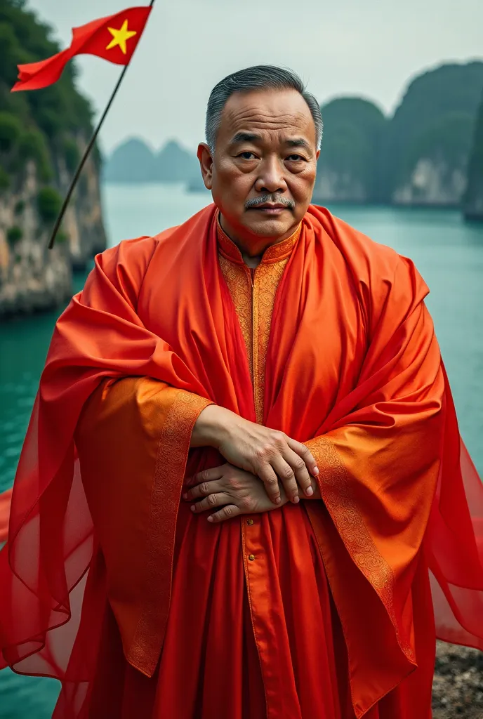 The image of a man wearing a long dress with the Vietnamese flag is seen flying in the sky below is Halong Bay, Heroic mountain scene