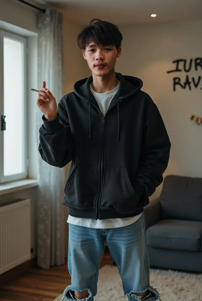 17-year-old Korean boy, medium build, wearing a black hoodie and white undershirt, blue jeans with ripped knees, wearing white and black medium shoes, posing in a building room while holding a cigarette with an HD background of the living room, behind graf...