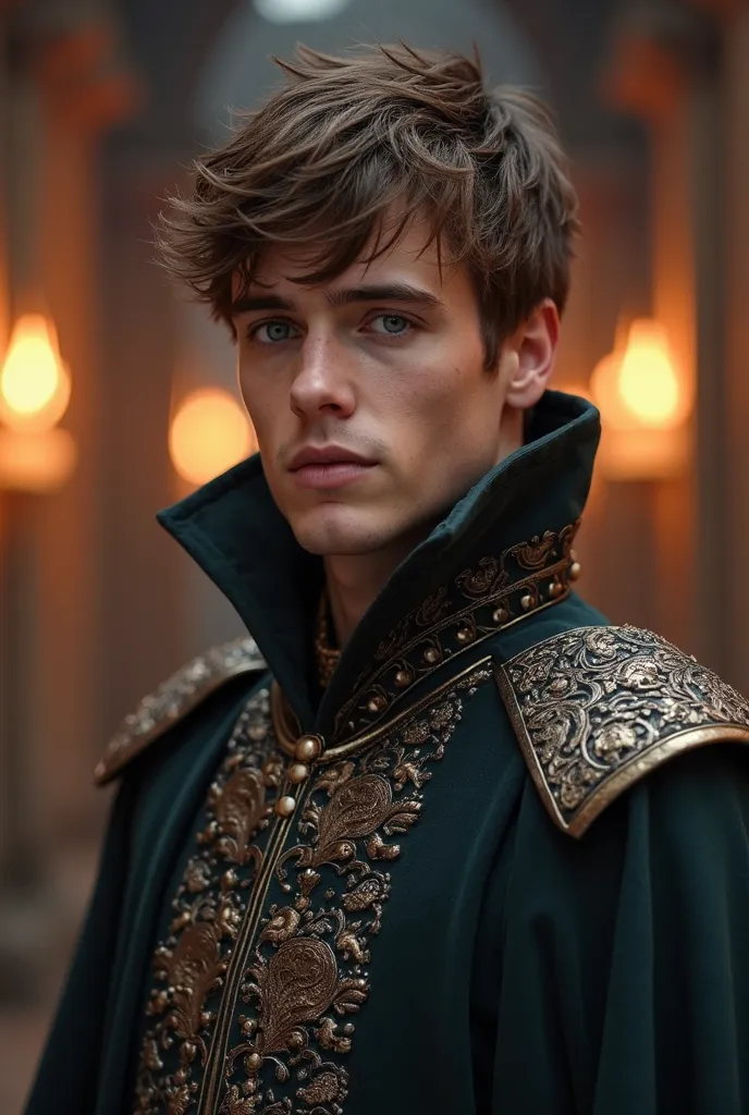 medieval young man in a royal coat, short brown hair, blue eyes, no beard, looks mysterious, looks majestic, 20 years old, prince, in a castle lit by torch lights, neat hair, detailed clothing, realistic, natural lighting