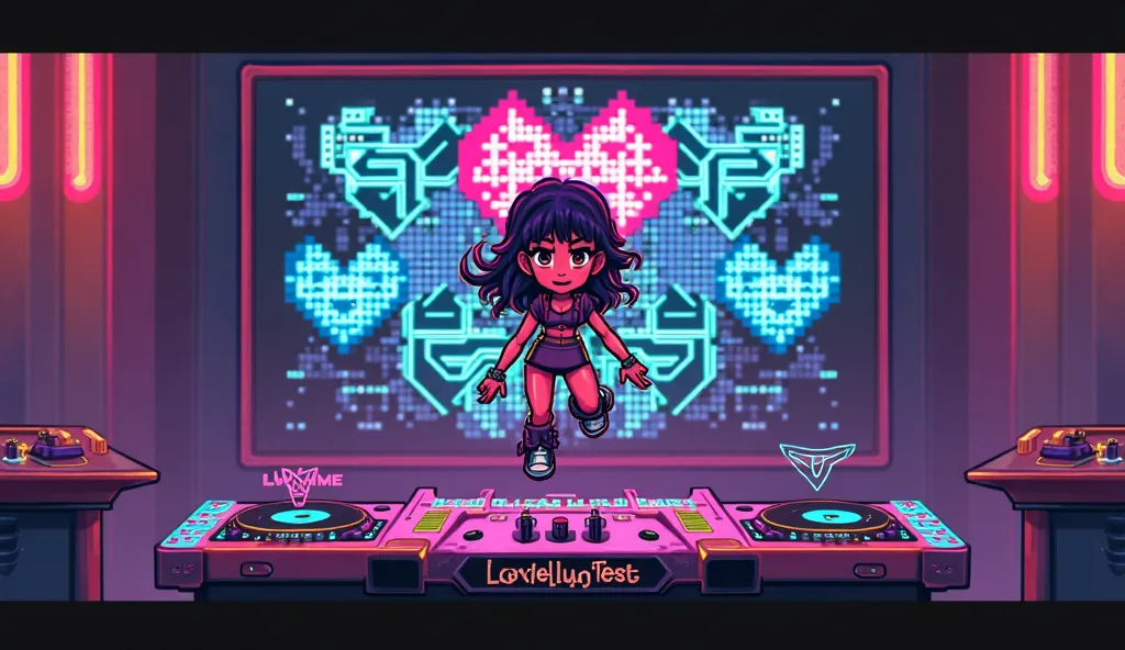 DJ card in 8-bit pixel art style featuring a retro arcade game screen. The pixelated player character is a fashionable dark techno DJ cute girl jumping over the "Level Up! Miracle" letters made of pixelated hearts. It features a nostalgic top-down perspect...