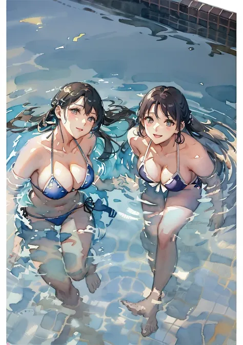 two women in a pool with one wearing a bikini and the other wearing a bikini, next to a pool, oppai, young pretty gravure idol, realistic young gravure idol, young gravure idol, young sensual gravure idol, with a twin, two girls, sakimichan hdri, sakimicha...