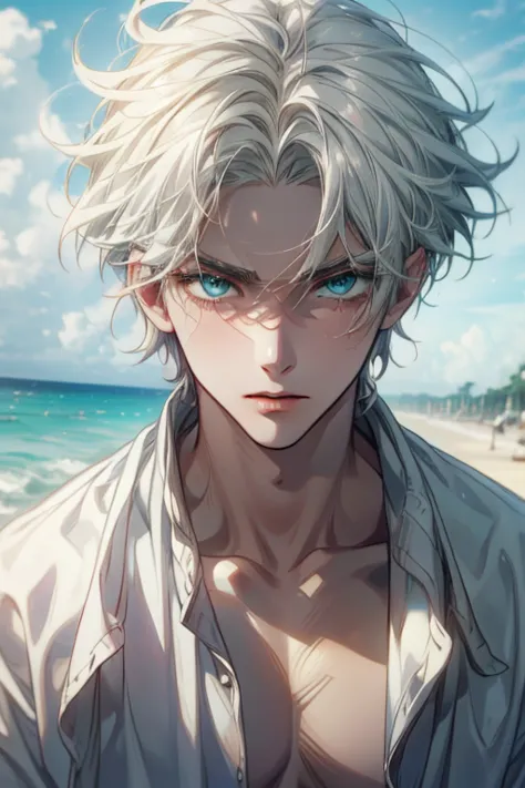 anime boy, handsome face, messy white hair, turquoise eyes, open shirt style, looking at the viewer, beach background, (ultra detailed eyes), (face detailed), (body detailed), (background detailed), (make clear and good picture), (make 4k and 8k picture), ...