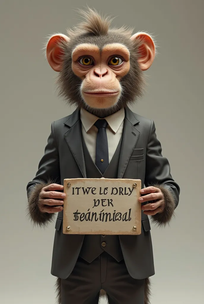 A human-looking monkey with a suit and tie, Hold a sign that says "I'm not an animal" 