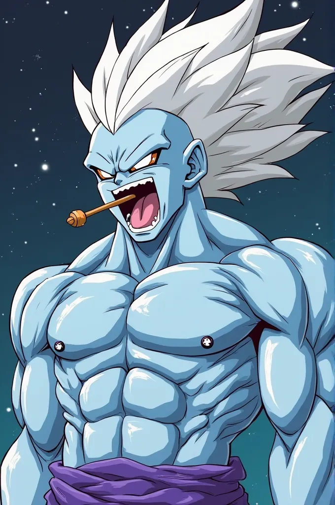 (from Dragon Ball), character: Whis, prompts: man, gay, light blue skin, big white hair, purple mouth, extremely muscular, giant muscles, huge penis, growing muscles, naked, moaning, ejaculating, in the galaxy.