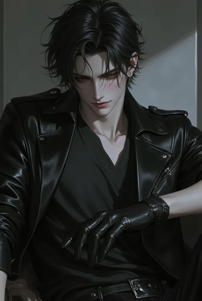 Final fantasy style and real graphics , (( Korean adult sweet and cool men )), he is about 20 years old , thin eyebrows and small eyes , ((he should see everything without clothes )), (( tight black leather pants )), (( put black leather thick and thin glo...