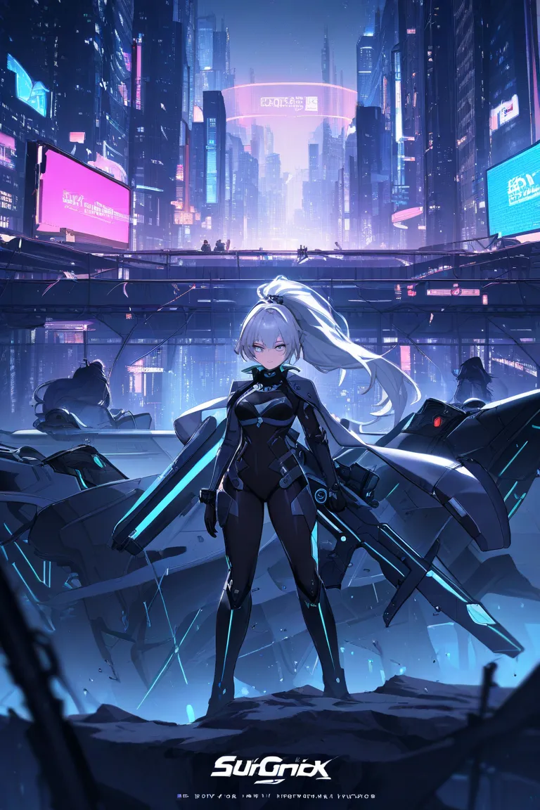 A fierce cyberpunk bounty hunter standing confidently on a rain-soaked rooftop, overlooking a sprawling neon-lit city at night. She has long, silver-white hair tied into a high ponytail, with strands framing her sharp, determined face. Her piercing violet ...