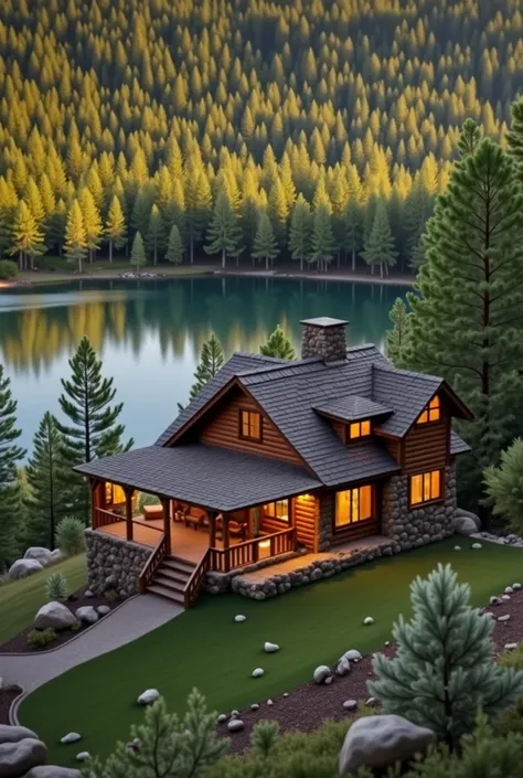 Create an image of a rustic log cabin nestled in a forested area by a serene lake. The cabin should have a stone foundation and a wrap-around porch with warm, inviting lights glowing from the windows and porch area. The surrounding landscape should include...