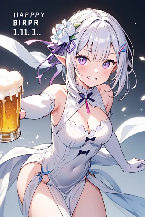 (masterpiece:1.2), (best quality:1.2), newest, intricate details, perfect anatomy, 1girl:1.2, (emilia (re:zero):1.2), ((plain white wedding dress:1.1, long dress:1.2, off-shoulder dress:1.5, sleeveless:1.3, front slit:1.3, torn dress skirt:1.4, white elbow...