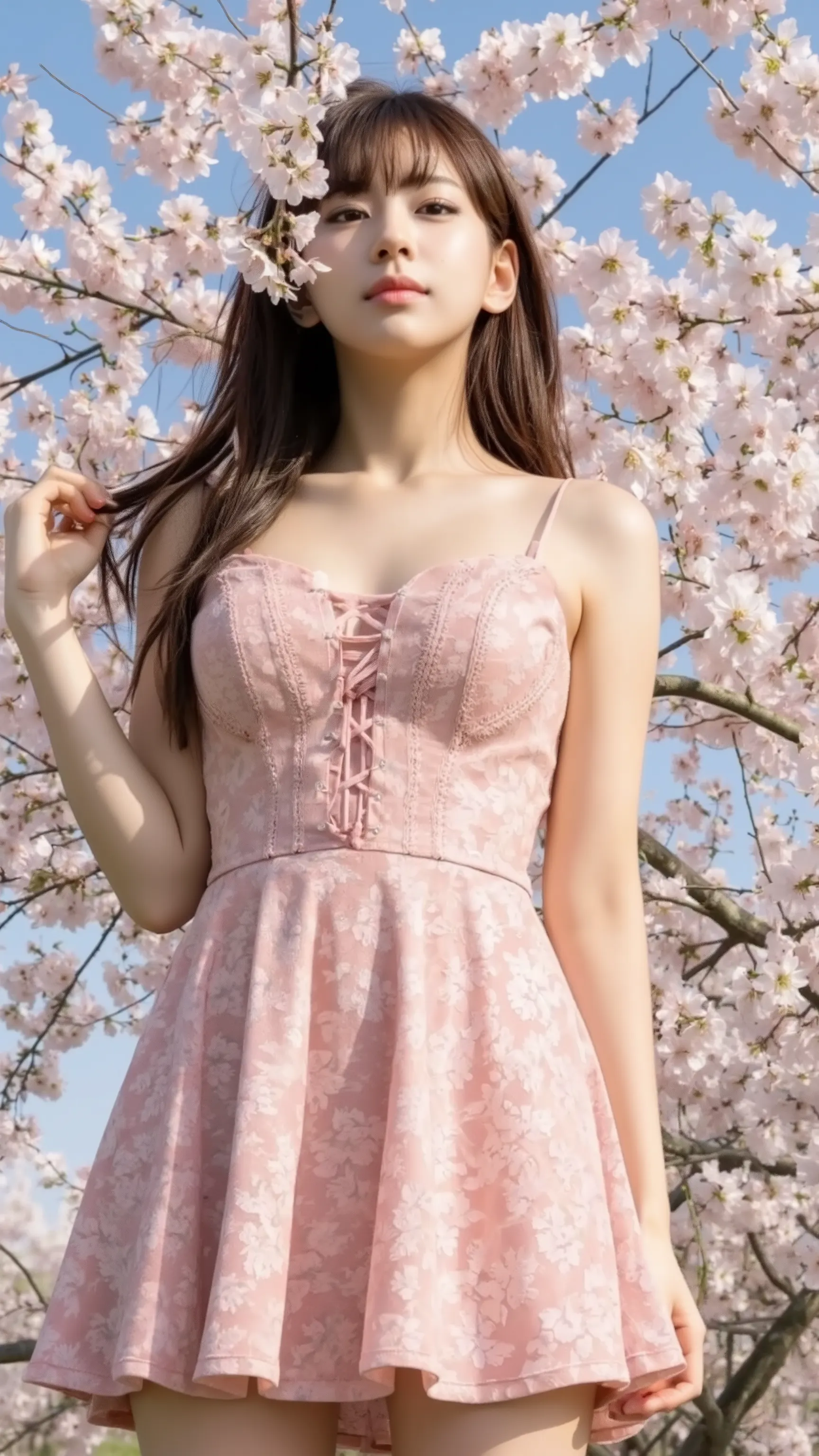 (realistic、as shown in the picture、live-action、8k, Photorealistic)、( cherry blossoms in full bloom:1.3)、(pink lace up sexy flare mini dress、The hem of the dress rolls up in the wind、Big breasts stand out:1.4、clothes that fit the body、Big Breasts:1.5、 beaut...