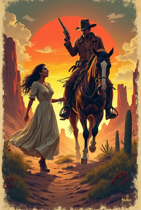 I would like you to generate for me a western movie poster full of cliches with a woman who is attacked by an Indian and a cowboy who comes to save her