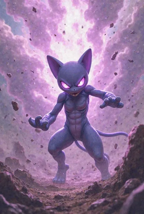 It generates the image of an angry Mewtwo with purple eyes, and the earth that flutters around him due to telekinesis, I recommend it must be the same as Pokémon 