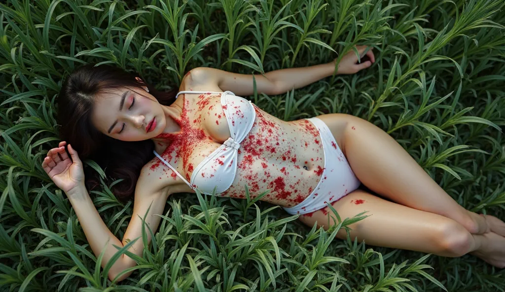 from a distance、Aerial View，A 30-YEAR-OLD KOREAN BEAUTY IN A WHITE BIKINI LIES DROWSY IN THE GRASS， Exposes painful feelings ，'s plump chest，vomiting blood from the mouth，Eyes closed ，long legs，barefoot， body covered in blood ，A lot of blood on her chest 