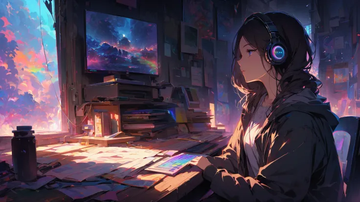 Super Detail、1 girl、solo、jacket and hoodie、cool、headphones、RGB 照明headphones、 blue lighting 付きheadphones、ケーブル付きheadphones、 blue lighting 、desk work、Urban Thinking Windows、early morning、dawn、wallpaper