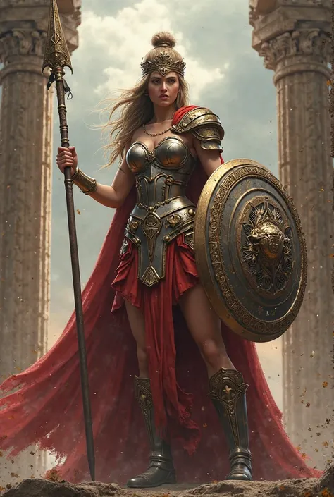 Make me a picture of Athena holding a spear and shield.