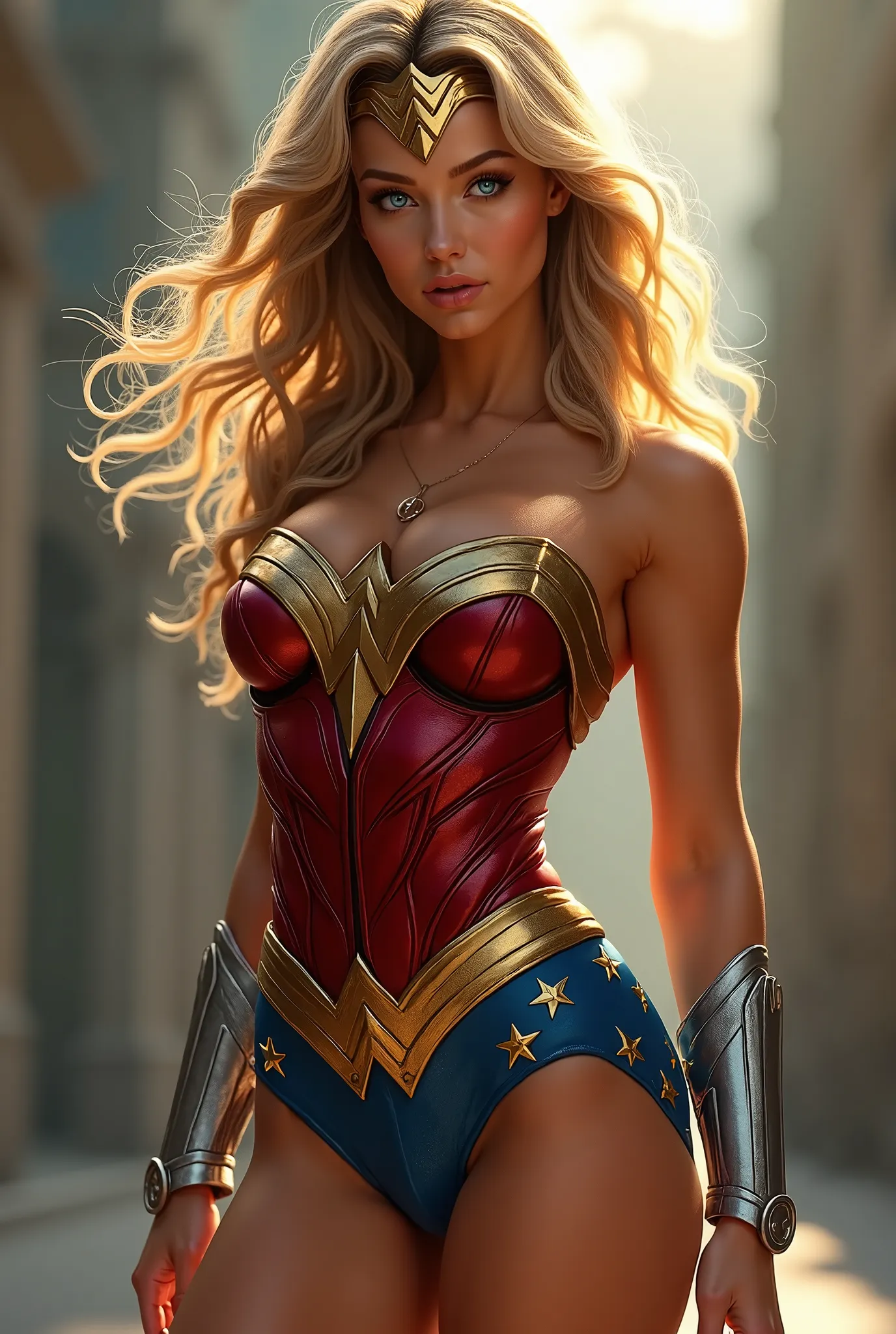 Femme blonde cheveux ondulé elle doit être sexy et avoir une pose sexy ses yeux sont bleus elle doit avoir la peau mat gros sein et fesse tenus de sport wonder woman une pièce