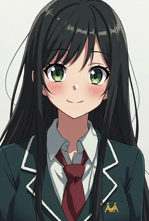 My Hero Academia template of a girl of about  with long straight black hair and dark green eyes like the night with slanted eyes a little dark circles under the UA uniform with pink lips a slightly pale skin beautiful with a smiling expression