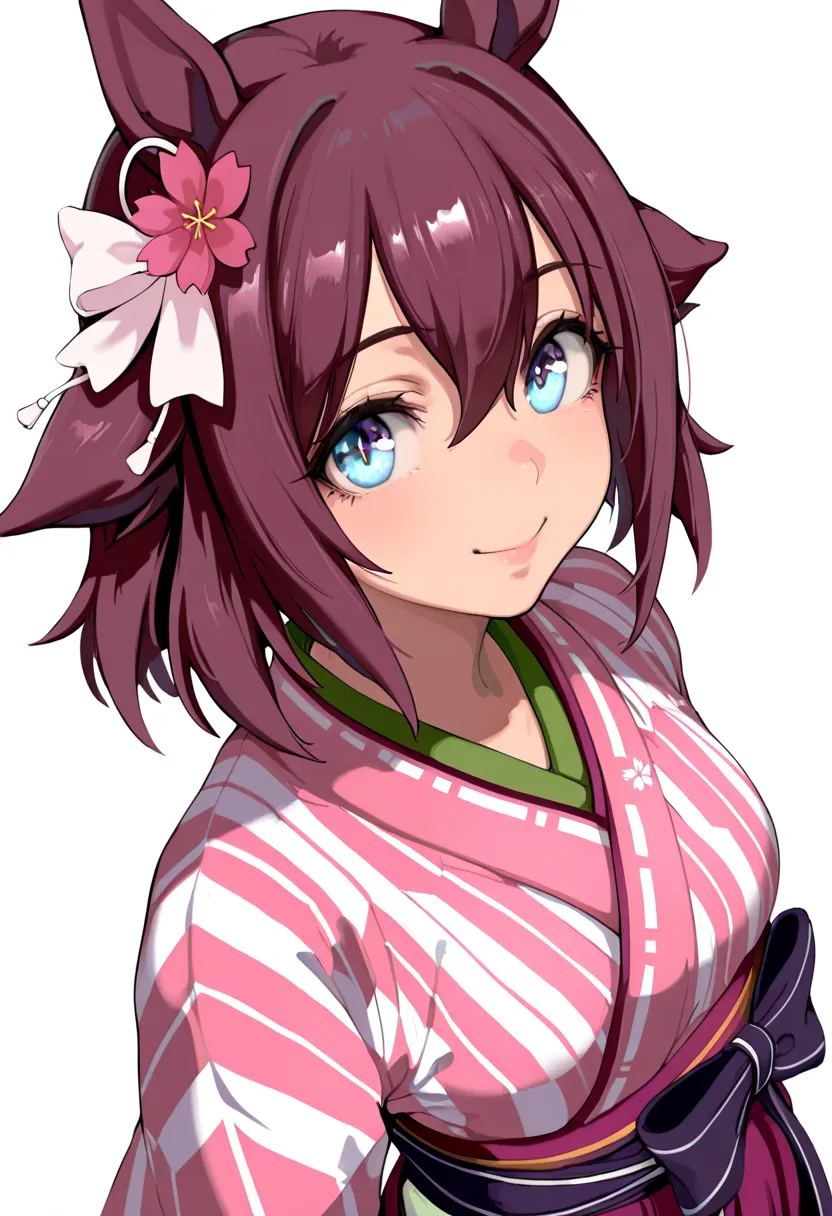 ((yagasuri)), japanese clothes, hakama skirt, kimono, , dark pink hakama, white bow, hair bow, ,dynamic angle( costume,cosplay),upper body,small breasts,mamimi,,sakura chiyono o\(umamusume\)1girl, mature female, loooking at viewer,smile,happy,almond-shaped...